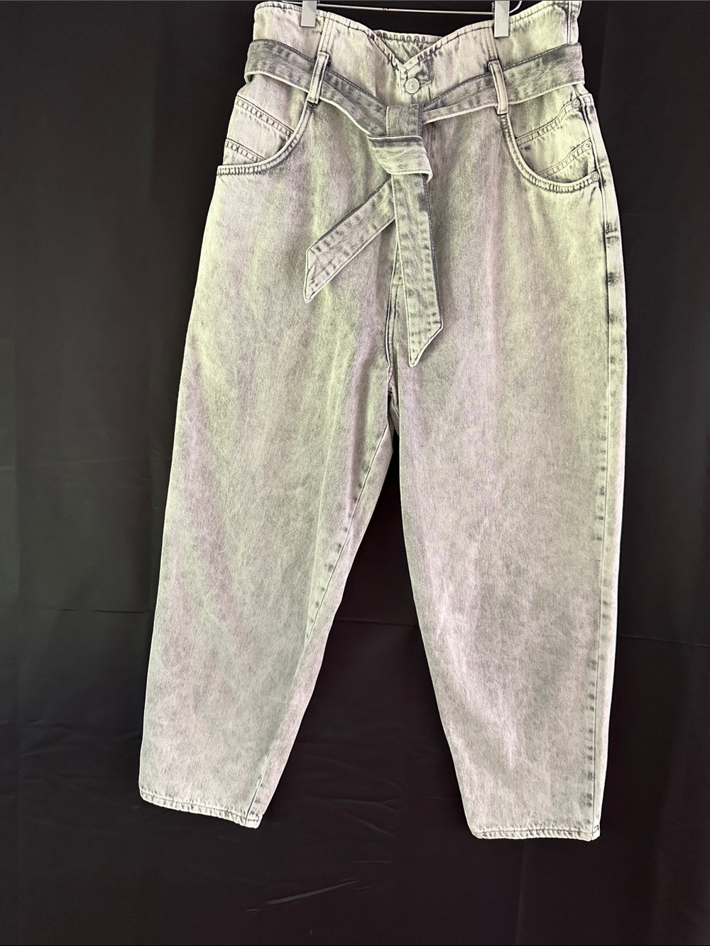 All Saints Light Gray High-Rise Paperbag Jeans with Tie Belt